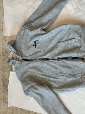 Stussy Light Gray Full-Zip Hoodie with Script Logo